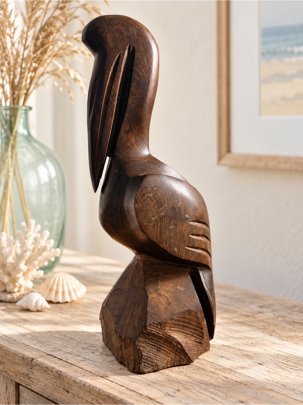 Vintage Solid Wood Carved Wooden Pelican Sculpture | Coastal Nautical Decor 14”